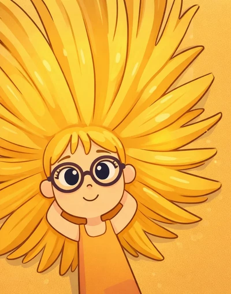 On the left side of the image, a girl is lying on the ground (seen from above), smiling gently, with her straight golden hair splayed out dramatically in all directions around her head like a starburst against a warm golden background. She wears glasses and has a calm, contented expression. The right side of the image is plain golden background.