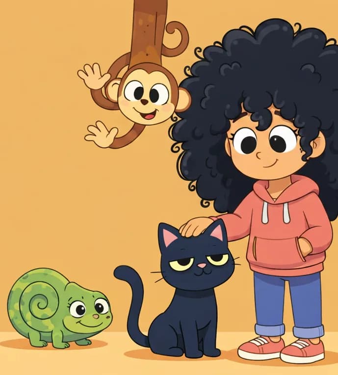 On the right side of the image, the Girl stands smiling with one hand reaching down to scratch the Cat behind the ears, while the Cat sits upright in the center-right with its curled tail visible, eyes half-closed contentedly. To the left, a monkey hangs upside down from above with its tail curled tight, waving one hand playfully. A chameleon sits nearby with a perfect spiral-curled tail, looking on with a cheerful expression. The scene is set against a plain warm golden-tan background.
