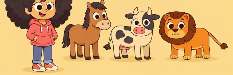 In the lower half of the image, Girl is visible on the far left, grinning as she looks toward a row of animals beside her. To her right stand a horse, a cow, and a lion, all facing forward with their straight tails visible — the horse's tail is long and flowing with a mane of hair at the bottom, the cow's tail is thin with a tassel at the tip, and the lion's tail is straight with a golden tuft at the end. The background is a plain warm golden-yellow, with the top half empty.