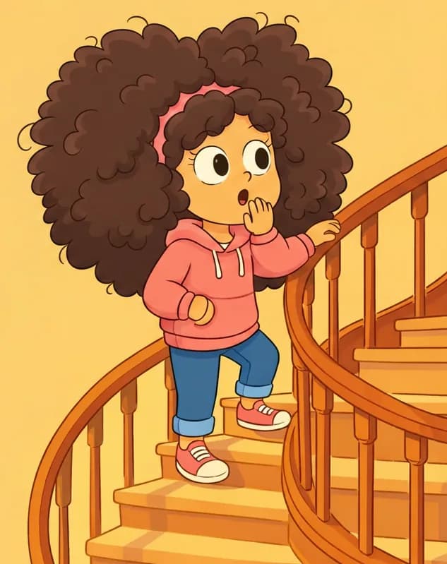 On the right side of the image, Girl is walking up a curved, winding staircase with a wooden banister, gripping the railing with her left hand. She has an awed, whispering expression with wide eyes, as if imagining herself in a fairy tale. She is mid-step, one foot raised to the next stair. The staircase spirals elegantly upward to the right with vertical balusters visible along the railing. The left side of the image is plain warm-toned background, leaving space for text.