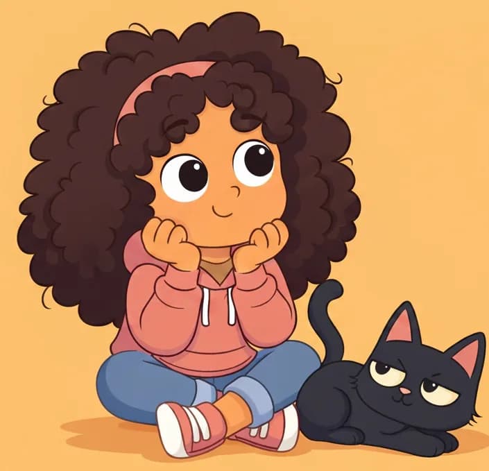 On the left side of the image, Girl sits cross-legged on the ground with her chin resting on both hands, looking slightly upward with a curious, wondering expression. Cat lies curled up beside her like a fuzzy blanket with its tail raised in a curly spiral, gazing up at Girl with half-lidded eyes. The background is a plain warm golden-tan color with no additional setting details, leaving the right side entirely open.