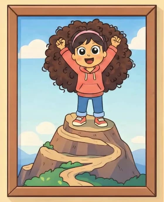 On the right side of the image, a framed photograph hangs on a wall, showing Girl standing proudly at the peak of a mountain with her biggest, proudest grin. She stands upright on the rocky summit with her arms raised in triumph. Below the peak, a curling path twists and winds its way up the mountainside. The photograph is set against a plain warm-toned background, with the left side of the image left as empty background.