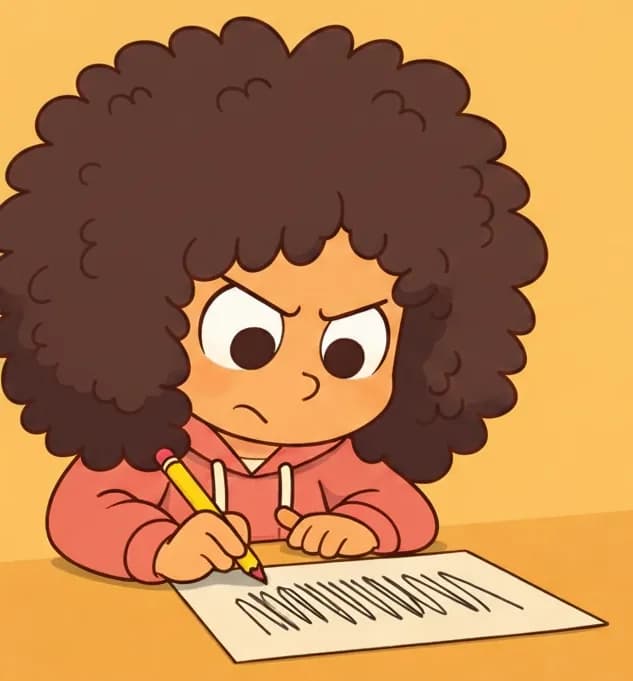 On the left side of the image, Girl is seated at a surface, leaning forward with a pencil gripped in her right hand. In front of her, a sheet of paper shows wobbly, tangled attempts at straight lines. She has a determined expression with a slight frown of concentration, as if telling herself to keep practicing. The background is a plain warm tan/gold color with no additional scene elements, leaving the right side open.