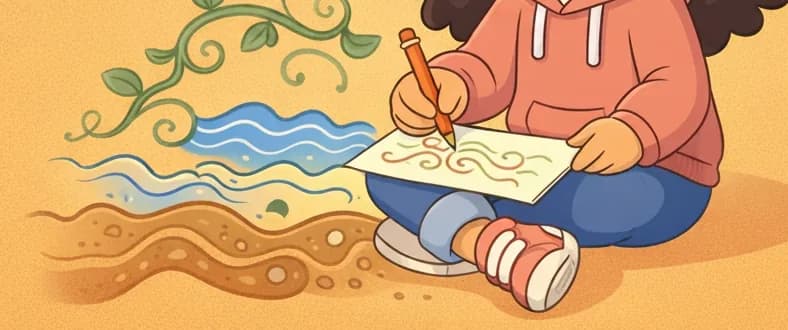 On the right side of the image, Girl is shown seated, smiling gently with a calm, content expression, pencil in hand as she draws. To her left, flowing curvy lines loop and swirl across the page — resembling vines, waves, and underground burrows. The background is a warm, solid tan/golden color, with the left portion kept clear for text overlay.