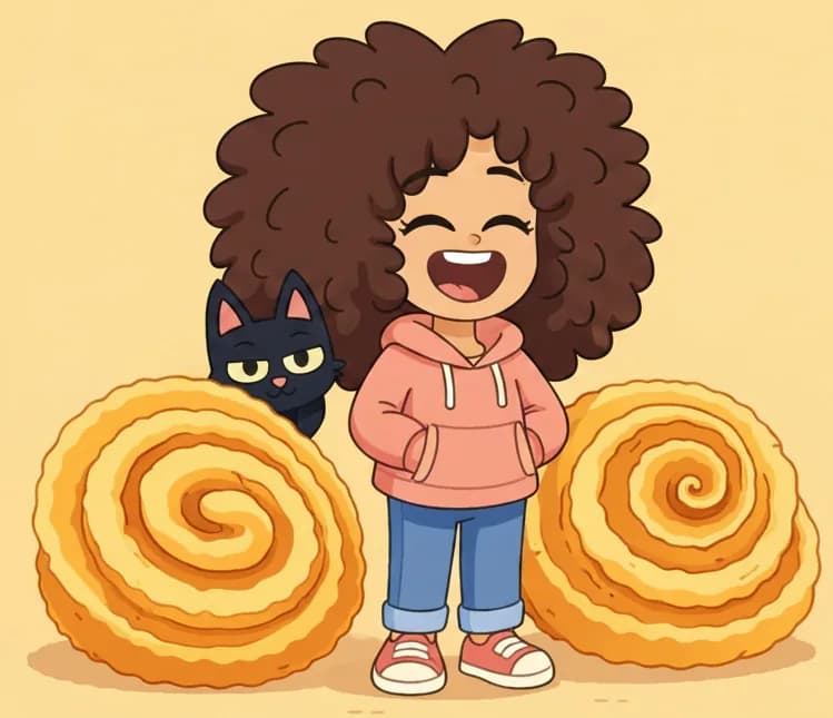 On the left side of the image, Girl stands between two giant spiral pastries, each curled in a perfect golden coil, laughing with her mouth open. The Cat peeks out from behind one of the pastries, with just its head and pointed ears visible, pale yellow-green eyes gleaming mischievously. The scene is set against a warm golden-tan background, with the right side left as plain background for text overlay.
