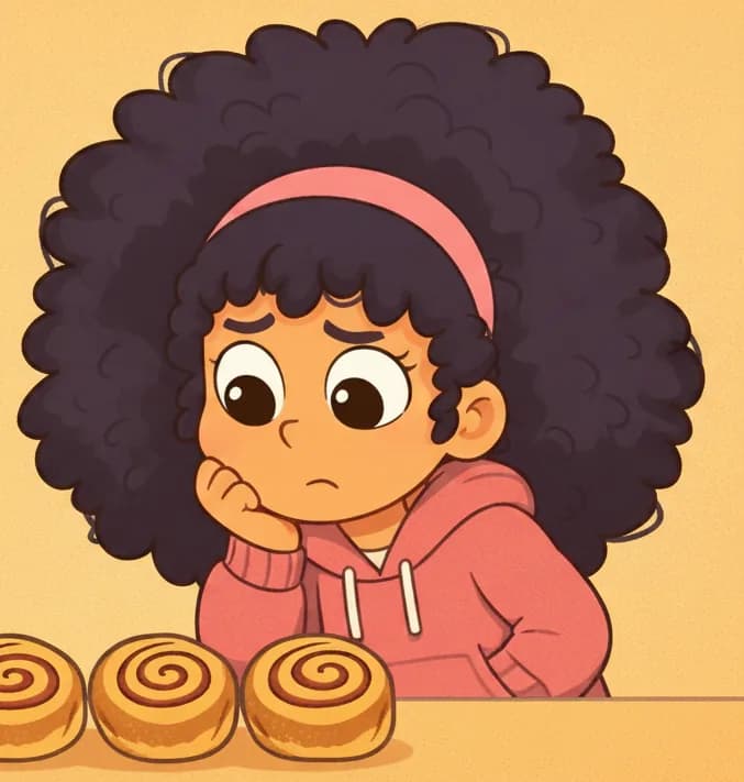 On the right side of the image, Girl is leaning forward with her chin resting on one hand, gazing toward three spiral-shaped buns on the center-left. She has a thoughtful, contemplative expression with furrowed brows, as if carefully considering which bun to choose. The three curly buns sit on a counter, each with a tight spiral pattern. The scene is set against a warm golden-tan background.