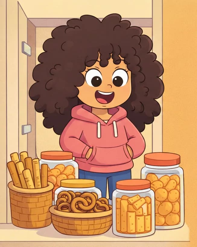 On the left side of the image, Girl stands behind an open cupboard, grinning broadly as she looks at an assortment of snack-filled jars and baskets in front of her. The shelves display a mix of curly snacks (pretzels, cheese puffs) and straight snacks (breadsticks, crackers) in various jars and baskets. The right side of the image is plain golden-tan background, left open for text.