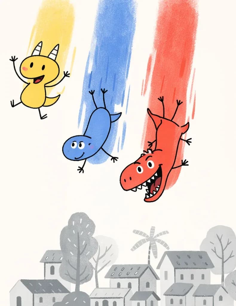 On the right side of the image, Red Dinosaur, Blue Dinosaur, and Yellow Dinosaur are flying downward from the sky in streaks of their respective colors, arms and legs spread wide as if diving toward the ground. Yellow Dinosaur has a cheerful smile, Blue Dinosaur looks calm and curious, and Red Dinosaur has an excited, toothy grin. Below them sits a grayscale suburban neighborhood with trees, houses, and rooftops — rendered entirely without color, as if waiting for the three primary-colored dinosaurs to bring color to the world.