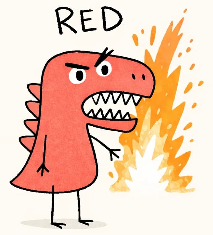 On the left side of the image, Red Dinosaur stands facing forward with a fierce, determined expression — eyes narrowed and mouth open wide showing sharp zigzag teeth, as if roaring. The word "RED" is painted above Red Dinosaur's head. Behind and to the right of Red Dinosaur, a burst of bright orange and white suggests an eruption of hot lava or fire crackling in the air, reinforcing the page's theme of heat and power. The right side of the image is open, plain background suitable for text overlay.