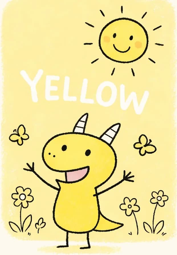 On the right side of the image, Yellow Dinosaur stands smiling cheerfully, surrounded by a warm yellow scene filled with sunshine imagery. A happy sun with a smiling face shines in the upper right corner, and small yellow flowers and butterflies dot the background around Yellow Dinosaur. The word "YELLOW" is displayed prominently in white text on the right side. The left ~40% of the image is left as a plain light background for text overlay.