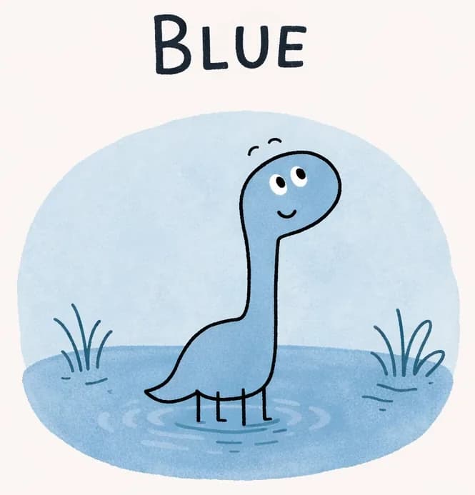 On the left side of the image, Blue Dinosaur stands within a large blue circular area representing a cool, calm lake, looking content with a gentle smile. Stylized plants sway gently below, and soft blue light fills the scene, evoking a peaceful, still environment. The word "BLUE" appears in white text above. The right ~40% of the image is a plain, light background with soft watercolor washes, left clear for text overlay.