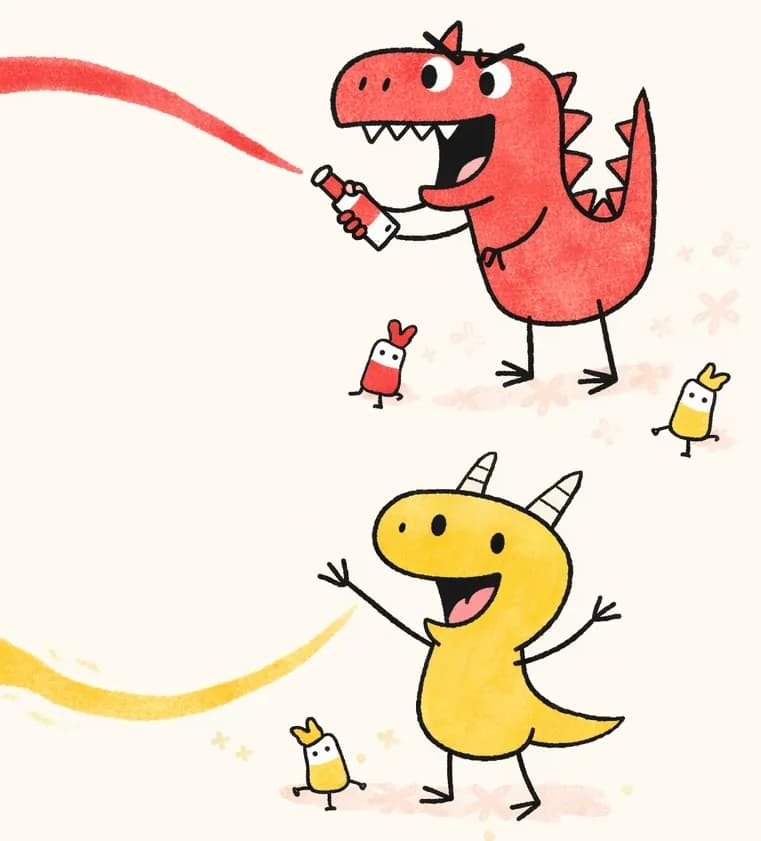 On the right side of the image, Red Dinosaur stands in the upper right, looking excited with mouth open showing zigzag teeth, holding a small tube of red paint that has sent a swooping red paint streak across the page. Below, Yellow Dinosaur stands in the lower right with a cheerful grin, arms outstretched as if reaching toward the red streak, with a similar yellow paint blob trailing to the left. The background is a soft, pale wash with subtle floral shapes and paint splatters, suggesting a playful creative space. Several small anthropomorphic paint-tube creatures with tiny arms, legs, and faces are scattered around both dinosaurs.