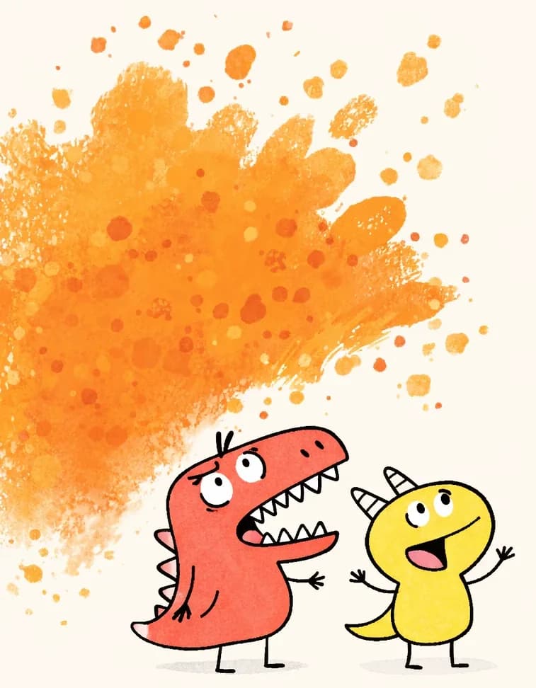 On the left side of the image, Red Dinosaur and Yellow Dinosaur stand together at the bottom, staring upward with wide eyes and open mouths in amazement. They are surrounded by a large, vibrant burst of orange paint that fills the left half of the scene — the result of their two colors mixing together. The orange paint splash spreads upward and outward in a warm, textured wash, with splatters and speckles at its edges, while the right side remains a plain, light background. The overall mood is joyful and energetic, celebrating the color orange.