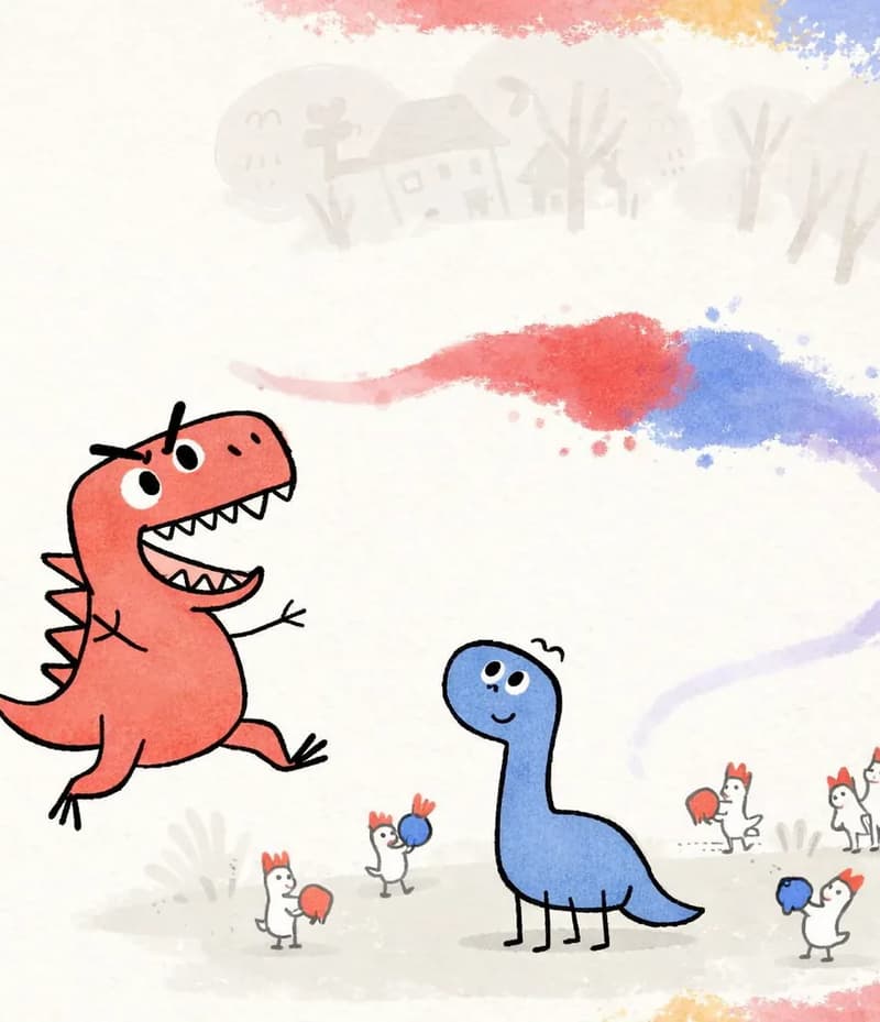 On the right side of the image, a red paint blob and a blue paint blob stream toward each other like colors on a television screen, their trails merging where they meet — illustrating the mixing of red and blue. Red Dinosaur is leaping excitedly with mouth wide open in a big toothy grin, looking energetic and playful. Blue Dinosaur sits below, gazing upward with a calm, curious expression. The background is a soft, pale wash with faint silhouettes of plants and houses, and colorful paint splatters frame the edges. Several small white creatures with red crests are scattered around both dinosaurs.