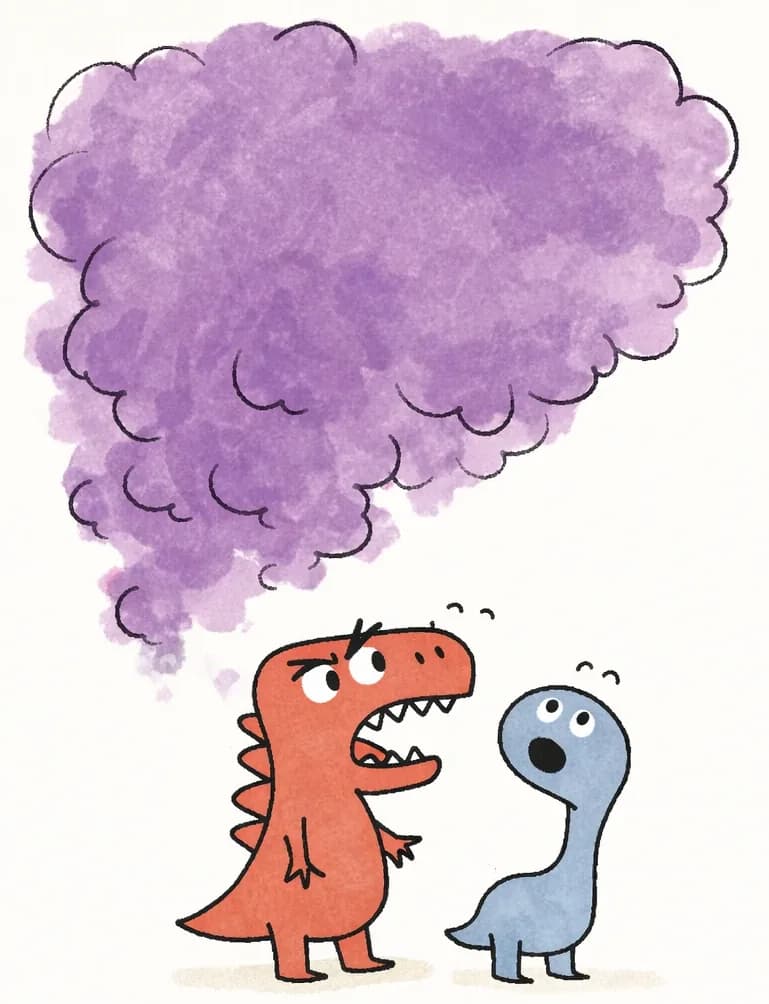 On the left side of the image, Red Dinosaur and Blue Dinosaur stand close together, gazing up in amazement with open-mouthed expressions at a large, vibrant cloud of purple paint that billows above them. The purple cloud — a mix of warm and cool purple tones — dominates the upper-left portion of the image with a splattered, painterly texture, and the word "PURPLE" is written in white within it. The right side of the image is a plain, light background with subtle warm-toned paint washes at the edges. Blue Dinosaur appears to be slightly behind and to the right of Red Dinosaur, both positioned in the lower-left corner.