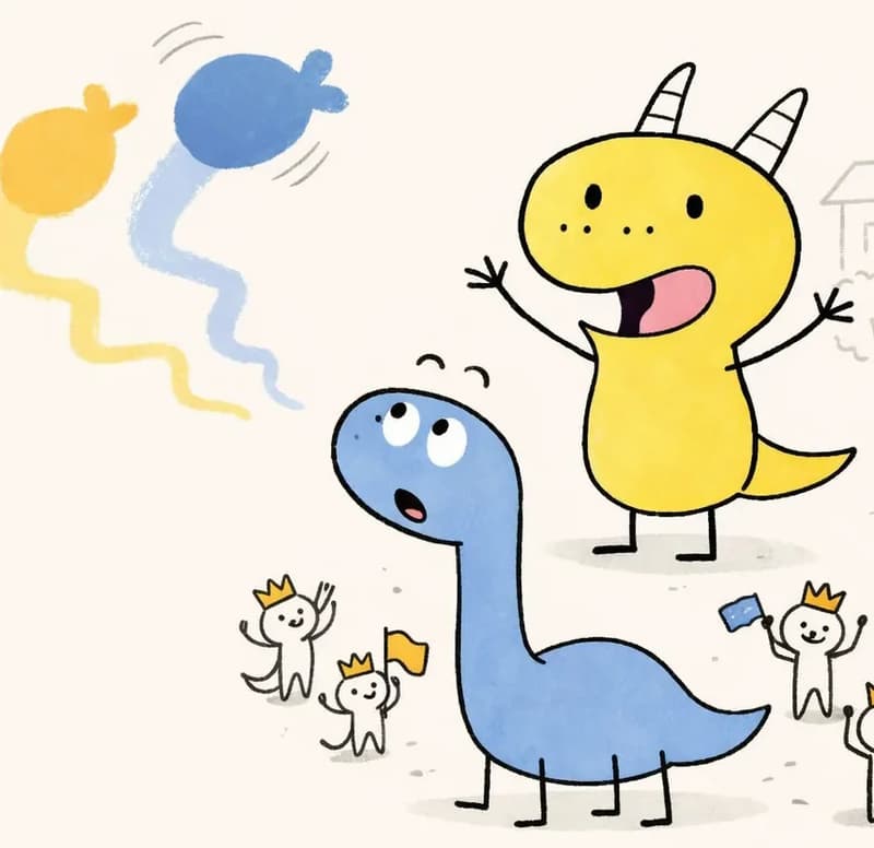On the right side of the image, Yellow Dinosaur stands with both arms spread wide and a surprised expression, while Blue Dinosaur sits below with a long neck craning upward and wide eyes. Between and around them, a yellow and blue paint trail swooshes across the scene from the left, with a yellow blob and a blue blob swirling together in the air. The background suggests a suburban neighborhood with faded houses and trees on the far left. Several small white cat-like creatures wearing tiny golden crowns are scattered around the two dinosaurs, appearing to celebrate.