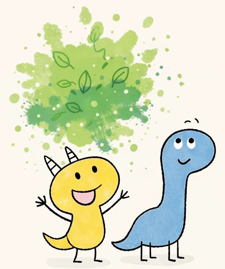 On the left side of the image, Yellow Dinosaur and Blue Dinosaur stand together at the bottom, looking upward with curious, happy expressions at a leafy explosion of green paint. Yellow Dinosaur is on the far left, partially visible, while Blue Dinosaur stands just to the right, gazing up. The background is a painterly explosion of green — with splashes, speckles, and leaf-like shapes — blending warm yellows and cool blues together, evoking a messy, joyful art session. The green paint covers everything around the dinosaurs. The right side of the image fades to a plain, light background with soft pastel splatters.
