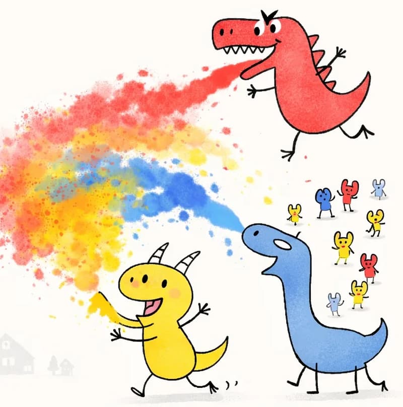 On the right side of the image, Red Dinosaur stands in the upper right with a mischievous grin, arms outstretched as if spraying red paint. Yellow Dinosaur is in the lower center-right, running energetically with a playful expression, spraying yellow paint. Blue Dinosaur is beside Yellow Dinosaur on the right, leaning forward with neck extended in an excited pose, spraying blue paint. All three dinosaurs are spraying their colors at once, creating swirling streams of red, yellow, and blue paint that mix into a wild, colorful cloud across the scene. The background is a soft, pale pink wash with faint gray silhouettes of buildings and trees on the far left. Several small figures in white, blue, yellow, and red are scattered around the right side of the image, watching and reacting to the color-mixing action.