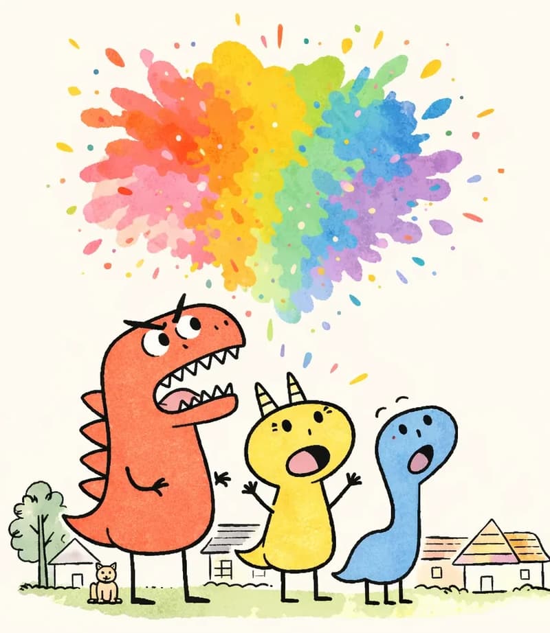 On the left side of the image, Red Dinosaur, Yellow Dinosaur, and Blue Dinosaur stand together in a suburban neighborhood, staring up in wonder with wide eyes and open mouths. They tower above the small houses and trees around them, with a vibrant, colorful explosion of every color imaginable filling the sky behind them — splashes of rainbow hues suggesting a spectacular, magical moment. A small cat sits near one of the houses in the lower-left corner.