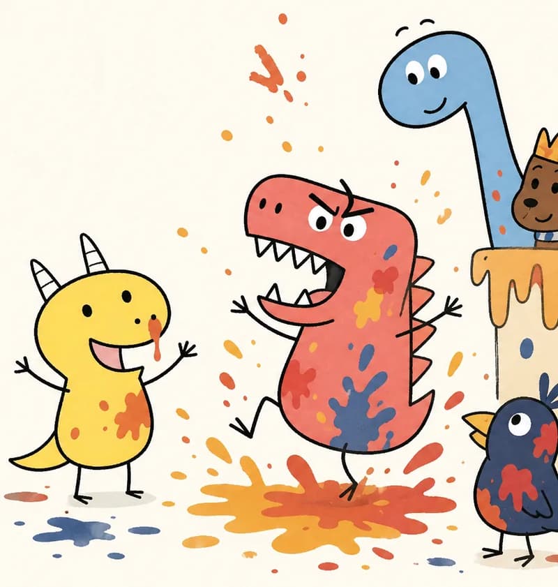 On the right side of the image, Red Dinosaur stands in the center-right area with mouth open in an excited expression, stomping and dancing joyfully amid splashes and splatters of paint that splash everywhere. Blue Dinosaur peeks in from the upper right with a curious, wide-eyed expression, their long neck extending downward into the scene. The yellow dinosaur has paint dripping from their nose, and they are talking. The scene is a vibrant, messy paint-covered environment with bold splashes of orange, red, yellow, and dark paint covering the surroundings, conveying the fun chaos of color mixing. The left portion of the image is open white/light space with paint spatter. A dark bird-like creature is in the lower right, a brown creature with a crown-like hat is in the upper right, and additional small animal shapes are partially visible around the edges of the composition.