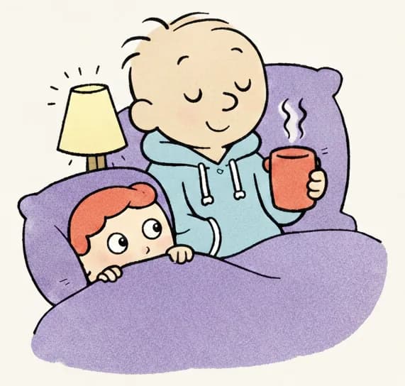 On the left side of the image, Pa sits upright on a bed propped against a purple pillow, holding a steaming red mug of hot drink, with a warm, content expression and eyes gently closed as if mid-story. The Narrator is tucked into bed beside him, peeking out from under the purple blanket with wide, attentive eyes, listening. A small bedside lamp glows softly behind them. The right side of the image is plain bright yellow background, leaving space for text.