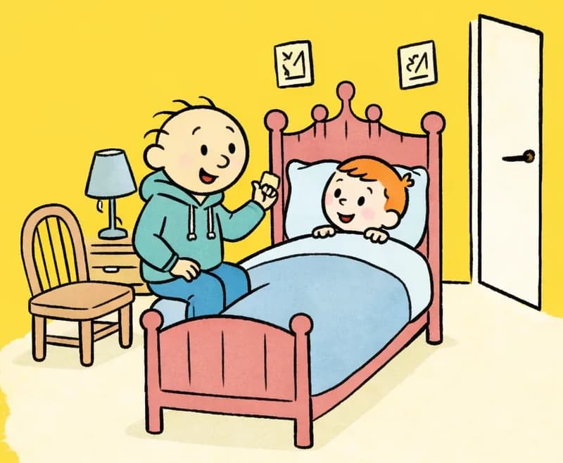 On the right side of the image, the Narrator is tucked into bed with wide, curious eyes, looking engaged and attentive, while Pa sits on the edge of the bed beside the Narrator, leaning in with a dramatic, expressive gesture as he prepares to tell a bedtime story. The scene is set in a cozy bedroom with a bedside table and lamp, a chair nearby, small framed pictures on the wall, and an open door letting in a sliver of light. The left side of the image is plain yellow background, leaving space for text.