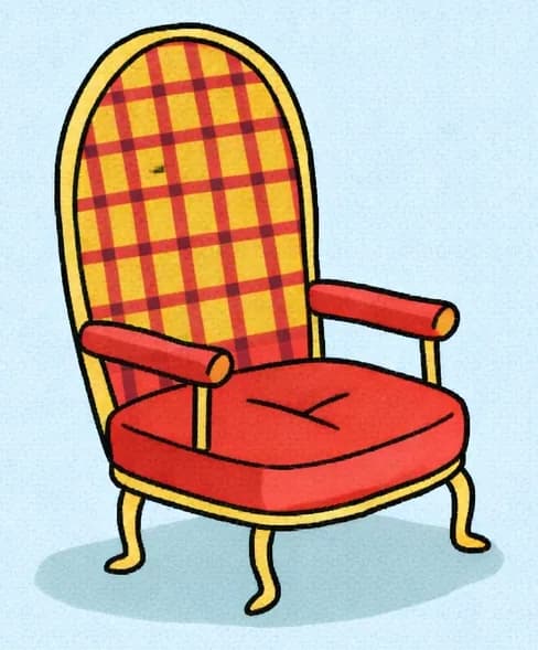 On the left side of the image, an ornate red and yellow plaid armchair sits empty against a plain light blue background, its cushion slightly indented as though someone invisible is sitting in it. The chair casts a small shadow beneath it, and the rest of the scene is open empty space — reinforcing the text's idea that the girl made of air is present but unseen.