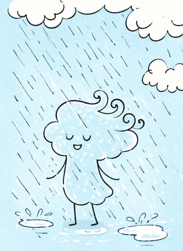 On the right side of the image, Girl Made of Air stands in the rain, her translucent form barely visible as raindrops fall around and through her, revealing her subtle shape with small, gentle closed crescent-shaped eyes peeking out. She appears calm and still, standing beneath white clouds on a soft blue background, with rain puddles and splashes forming at her feet on the ground. The left side of the image is plain light blue, left open for text.