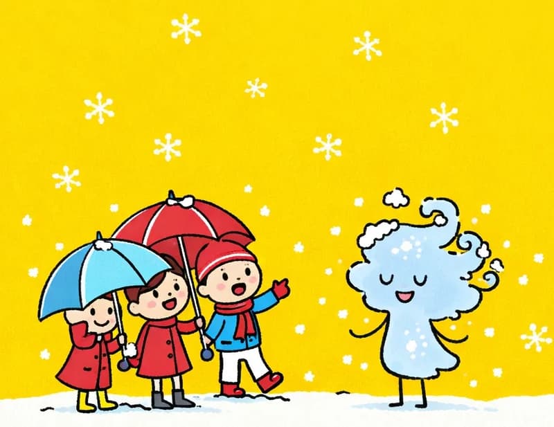 Girl Made of Air stands on the left-center of the image on a snowy ground, nearly invisible against the bright yellow background, with snowflakes resting on her head and shoulders — making her faint outline just barely visible. She has a calm, quiet expression with closed crescent-shaped eyes. To the far left, two children with umbrellas point toward her with bright, happy expressions, and in the center-left, a child in winter clothes pauses mid-step, holding a snowball, looking toward Girl Made of Air with delighted surprise. Snowflakes drift down across an outdoor snowy scene against a vivid yellow sky.