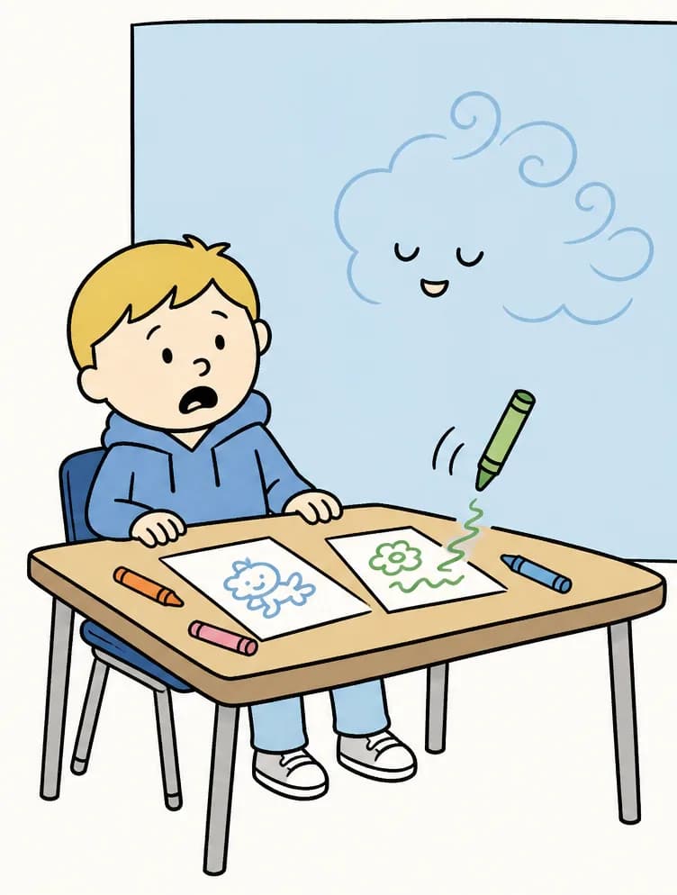 On the right side of the image, the Boy sits at a classroom desk with a shocked, open-mouthed expression, looking scared. Scattered on the desk in front of him are drawings and crayons — one green crayon floats in the air by itself, moving as if held by an invisible hand, drawing on the paper. The Girl Made of Air is faintly visible as a subtle face with closed crescent-shaped eyes hovering in the blue background just to the right of the Boy, blending into the air. The scene is set indoors in a school classroom, with a large blue area behind the desk suggesting a wall or window. The left side of the image is plain white background.