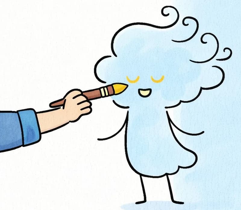 On the left side of the image, the Boy's arm extends from the left edge, holding a paintbrush dripping with yellow paint. He has just begun painting Girl Made of Air's face — only her closed, content crescent-shaped eyes and a small smile are visible as yellow paint marks against the blue sky background. Girl Made of Air appears serene, with her eyes gently closed as the Boy paints. The scene is set outdoors against a clear blue sky, with the right side left as open sky.