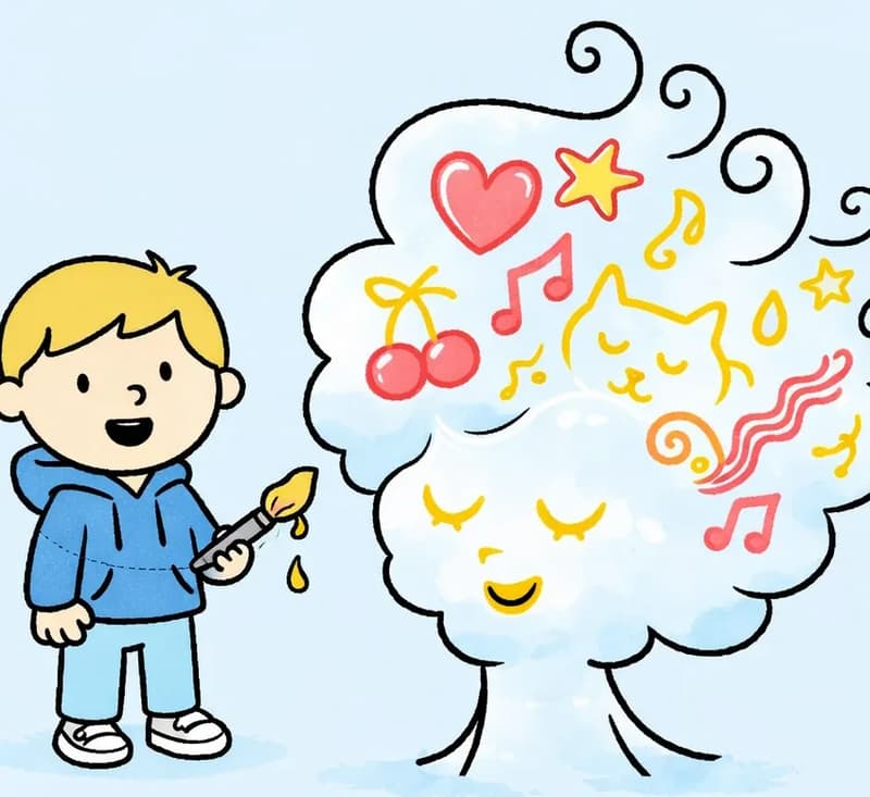 On the bottom-right corner of the image, Girl Made of Air is shown from the shoulders up with yellow-painted closed crescent-shaped eyes and a peaceful, contented smile marked in yellow paint on her face. Her voluminous, swirly white-blue hair flows upward and outward, filled with whimsical painted objects — a heart, a star, a cat, music notes, cherries, and other favorite things — all rendered in a playful, doodle-like style. On the left side, the Boy stands nearby holding a paintbrush with paint dripping from it, looking pleased with his work. The background is a plain light blue sky.