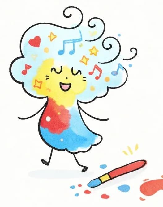 On the left side of the image, Girl Made of Air walks forward across a white background, her translucent body now painted with bright colors — making her outline visible. She has yellow-painted closed crescent-shaped eyes and a cheerful smile, with her swirly white-blue hair filled with painted hearts, stars, and music notes. A trail of colorful painted footprints — in bright blue and red — stretches behind her, with a red paintbrush lying among them and small yellow sparkle marks suggesting freshly applied paint. The right side of the image is plain white background.