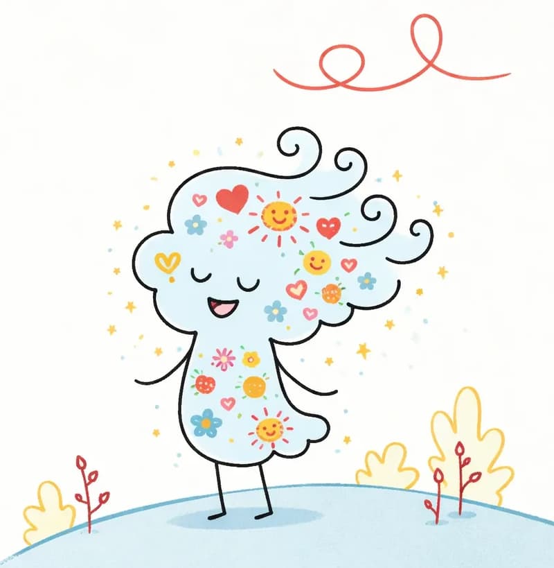 On the right side of the image, Girl Made of Air stands on a gentle blue hill, with yellow-painted closed crescent-shaped eyes and a peaceful, contented smile. Her translucent body is filled with colorful painted images of things she loves — hearts, stars, a sun, flowers, a smiley face, and other cheerful doodles — making her visibly radiant with small sparkles emanating around her. Her swirly white-blue hair flows with curling wisps, also filled with painted objects. A looping red swirl floats in the sky above, and small red flowering plants and yellow leafy bushes dot the hillside around her. The left side is open white background. The scene is bright and outdoors with a joyful, celebratory mood.