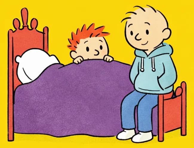 On the left side of the image, the Narrator is tucked into a large bed with a red frame and purple blanket, peeking out from under the covers with a thoughtful, contemplative expression — as if pondering the story they just heard. Pa sits on the edge of the bed beside the Narrator, smiling gently as he finishes his tale. The scene is an indoor bedroom setting with a bright yellow background. The right side of the image is plain yellow background.