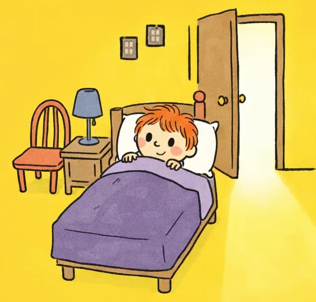 On the right side of the image, the Narrator is lying in bed, tucked under the covers with just their head visible on the pillow, eyes open with a slightly anxious expression. The bedroom door on the far right is creaking open, with bright light spilling in from the hallway — but no one is there. A chair and a bedside lamp sit beside the bed, and small pictures hang on the wall above. The left side of the image is plain yellow background. The scene is set indoors at nighttime, with an eerie, suspenseful mood created by the mysteriously opening door and the empty doorway.