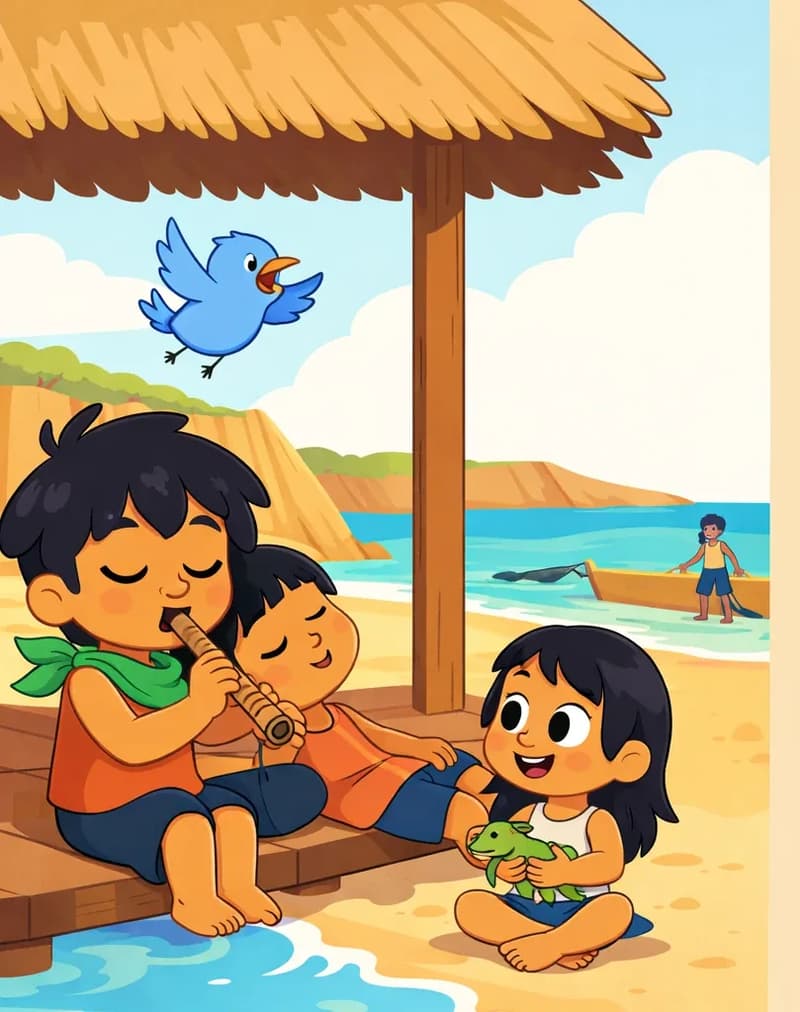 On the left side of the image, Bam — a young boy with warm medium-brown skin, short tousled black hair with a slight cowlick, large white circular eyes (closed peacefully), rosy cheeks, wearing a loose orange/rust sleeveless top and a green neckerchief — is sitting and playing a flute, while a friend leans against him dozing off. Another child sits nearby on the wooden deck, smiling contentedly and holding what appears to be a small lizard or iguana. They are under a wooden beach shelter on a sunny day, with sandy shore, turquoise water, and rocky cliffs visible in the background. Bird — a small, round-bodied light-blue bird with an orange/peach beak and two small black dot eyes — is flying in the upper-left area of the scene above the shelter, wings spread wide. A figure stands in the background near a boat on the beach, and an additional child sits on the deck in the foreground.
