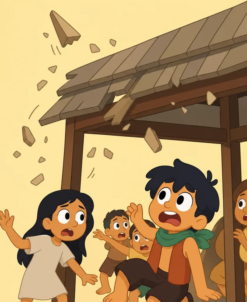 On the right side of the image, Bam stands beneath a wooden porch with a shingled roof, looking up with a startled, scared expression as the roof shakes and debris and dust fall from above onto his head. His mouth is open wide as if screaming, and his body is tense with alarm. He wears his orange/rust sleeveless top and green neckerchief. The scene is set outdoors in warm, golden daylight with a plain warm-toned background on the left. Nearby, a girl with her hand raised looks worried, and two other children huddle together under the shaking structure alongside Bam.