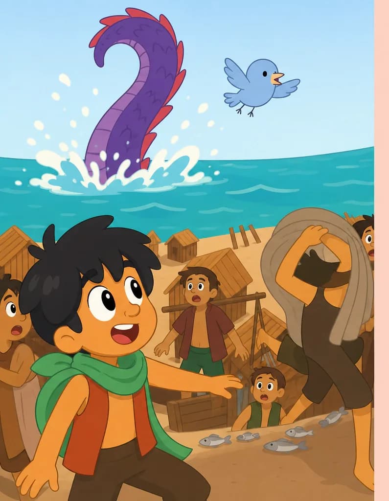 On the left side of the image, Bam stands in the foreground looking out toward the teal-colored sea with an excited, wide-eyed expression, one arm extended as if pointing or reaching toward the water. He wears his orange/rust sleeveless top and green neckerchief. Behind the shoreline, a large Sea Dragon tail — covered in deep purple/violet scales with vivid red streaks across them — curls up dramatically from the ocean, sending a spray of water and sparkles into the sky. Bird soars near the emerging tail, wings spread wide. Several other figures are gathered on the sandy shore among wooden structures, looking on with surprise at the emerging tail. Fish are scattered on the ground near the shore.  Bam is looking directly at the tail.