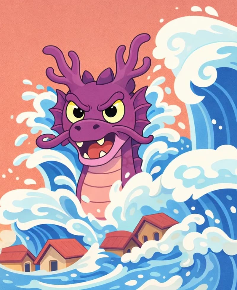 On the right side of the image, enormous stylized waves crash down over a coastal neighborhood of houses with peaked roofs, engulfing them in swirling water and spray. The waves tower dramatically above the rooftops, curling with decorative spiral patterns and white foam, the coast turning white with foam. The left side is plain dusty-rose background. Sea Dragon is visible in the upper portion of the scene — its deep purple/violet-scaled body rising above the churning waves, yellow-gold eyes blazing with fury and mouth open showing small white teeth, curved purple horns silhouetted against the sky as it thrashes and causes the great quake.
