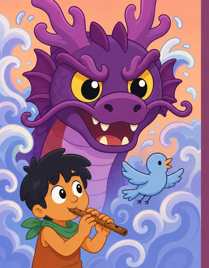 On the left side of the image, Sea Dragon's massive face dominates the upper portion of the scene, mouth slightly open with small white teeth visible and yellow-gold eyes staring forward with an intense expression, deep purple/violet scales and curved purple horns framing its face. Its huge throat area shows a reddish hue beneath the lavender underbelly. Bird is flying just past Sea Dragon's throat, wings spread wide mid-flight. In the lower-left foreground, Bam stands facing toward the viewer at a three-quarter angle, holding his flute to his lips and playing, eyes focused upward toward the great beast. He wears his orange/rust sleeveless top and green neckerchief. The background is filled with swirling, misty patterns suggesting a magical atmosphere, with the right portion left as plain muted purple background for text overlay.  The sky is a peach color.  The Sea Beast and Bam are looking at each other.