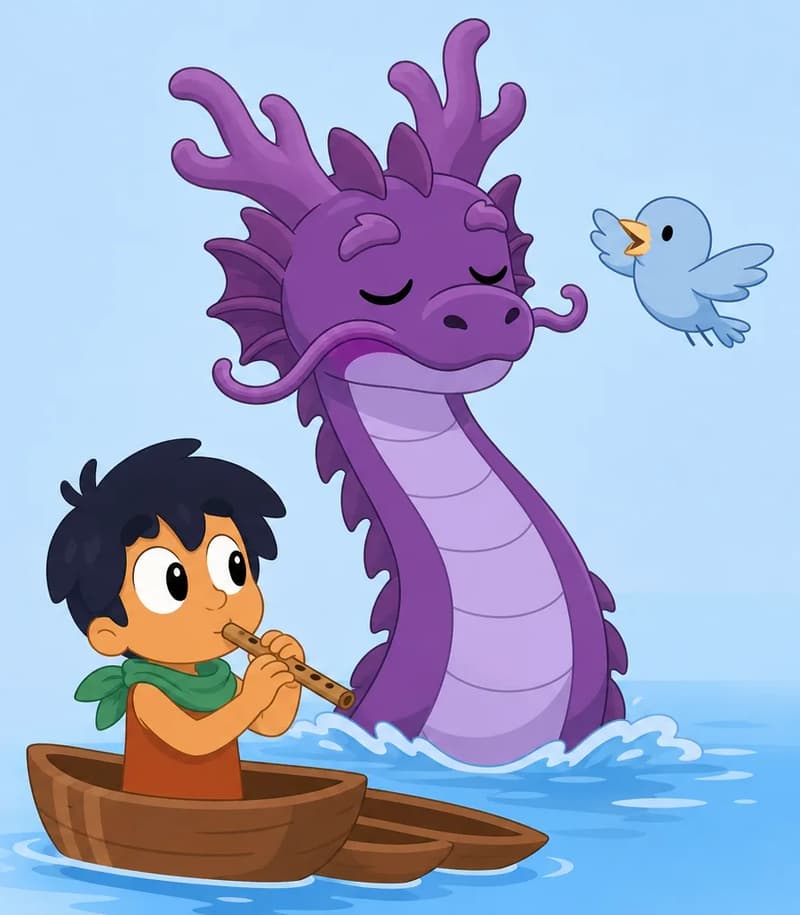 On the right side of the image, Sea Dragon rises from ocean waves, its long serpentine neck curving upward with a calm, peaceful expression — eyes fully closed and mouth gently closed as it sways to the music. Its deep purple/violet scales glisten and its lavender underbelly is visible as the waves around its body recede, the foam drying and the sea turning calm. Bird flies near Sea Dragon's neck on the upper right, wings spread wide in mid-flight, beak open as if giving a tweet. In the lower-left foreground, Bam stands at a three-quarter angle, still playing his flute with a serene expression, his orange/rust sleeveless top and green neckerchief visible. The left portion is plain muted background for text overlay.