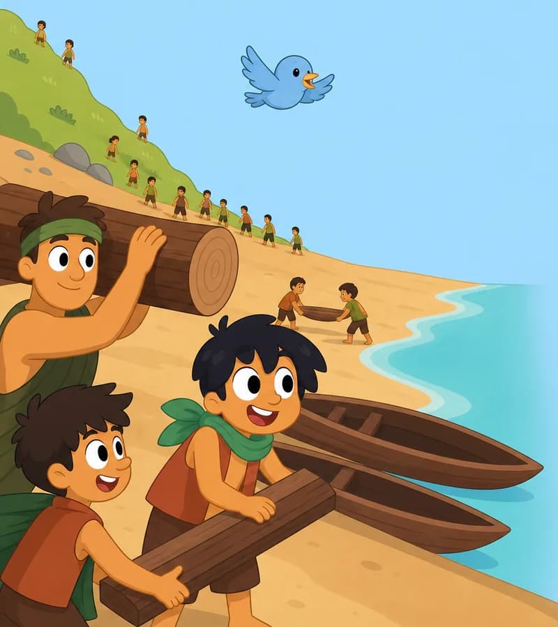 In the lower-left portion of the image, Bam stands smiling and looking upward, carrying a large wooden beam on his shoulder as he helps rebuild along the beach. He wears his orange/rust sleeveless top and green neckerchief. Beside him, other friends work together — some carrying planks and logs, others further down the sandy shore pushing wooden boats back toward the turquoise water. Bird flies overhead in the center of the scene, wings spread wide, beak open cheerfully. The beach stretches along the right side with calm blue-green water, and a grassy hillside rises in the background on the left, where more small figures can be seen walking and helping with the cleanup.