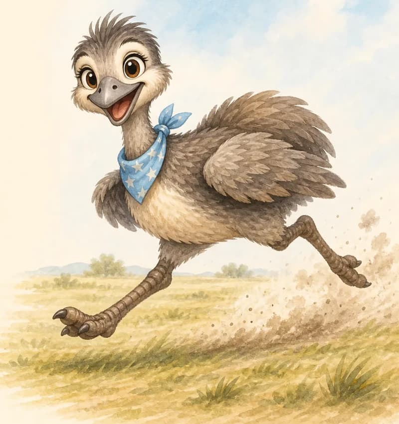 Toño running fast across an open grassland — legs in motion, body leaning forward, wings tucked or partly extended for balance. Speed lines or motion suggested with a streak of dust behind him. Mood: energetic and dynamic.