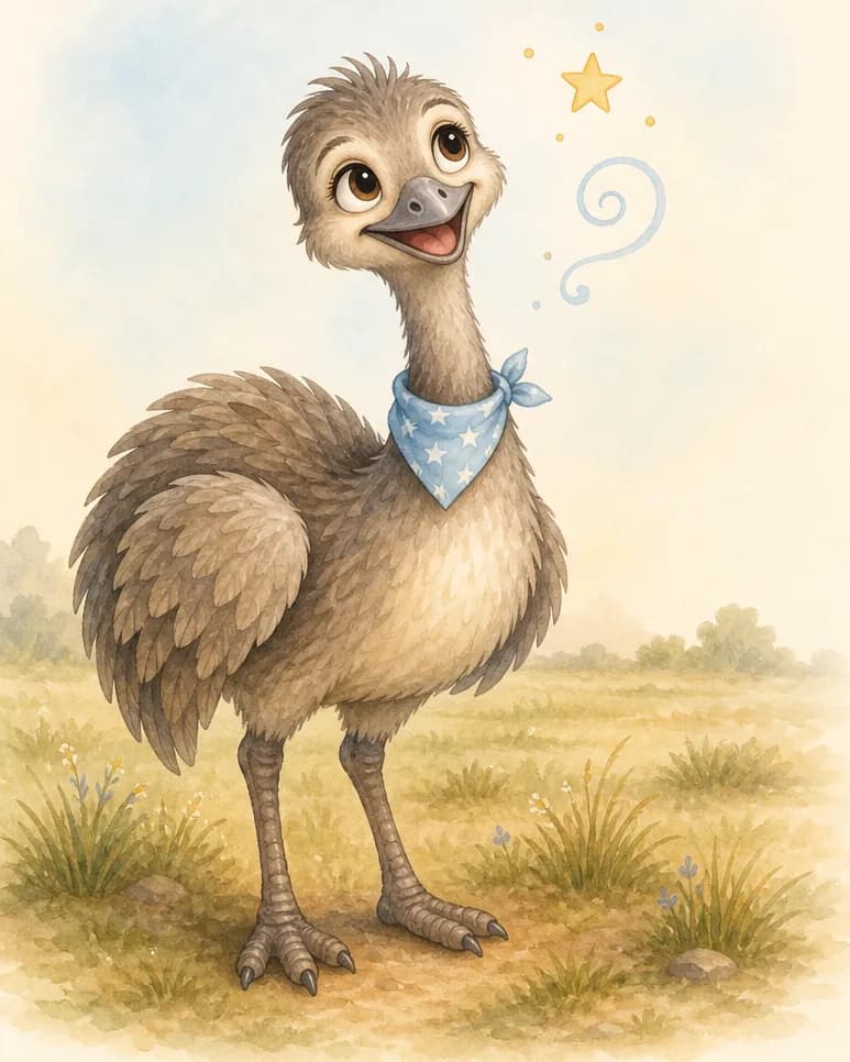 Toño stands still in the grassland, looking up dreamily with a slight head tilt and a soft, faraway expression. A few tiny floating dream-symbols (a star, a small swirl) drift gently near his head to suggest daydreaming. Mood: gentle, whimsical.