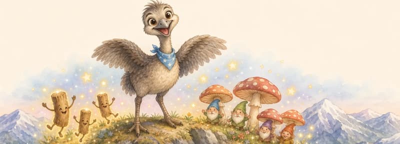 A whimsical "daydream" composite. Toño stands on a high mountain peak with his wings partly spread as if imagining flying. Surrounding him in his imagination: small dancing firewood logs with little starlight around them, and a cluster of mushrooms with tiny gnomes underneath using them as umbrellas. The dream elements should be clearly imaginary (soft glow or pastel hues) and grouped together near Toño.