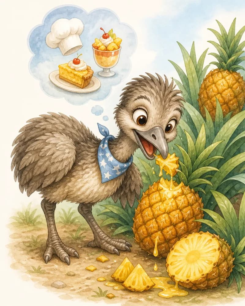 Toño pecks at a pineapple, tearing the skin with his strong beak. Sweet juice drips from the fruit. Beside him, a faint daydream cloud suggests his chef fantasy — a small chef's hat and one or two pineapple-based desserts. The mood is warm and playful.