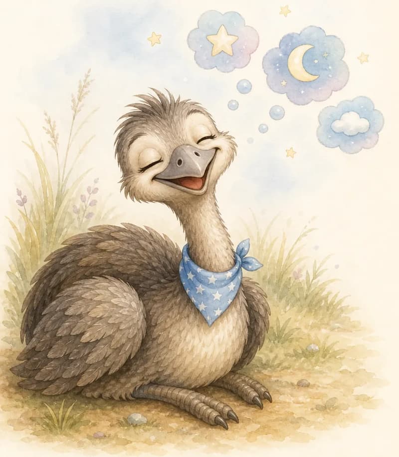 Toño is resting peacefully — sitting or lying down — with a happy, dreamy expression. A few small, soft dream-bubbles or stars float gently above his head. Closing-page mood: gentle, content, sleepy. Soft pastel atmosphere.