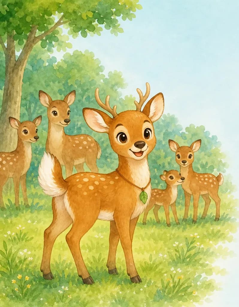 Introduce Víctor standing among a small herd of deer in a grassy clearing. Víctor is in the foreground with his white tail clearly visible, smooth fur, and small antlers. Mood: welcoming, calm herd life.