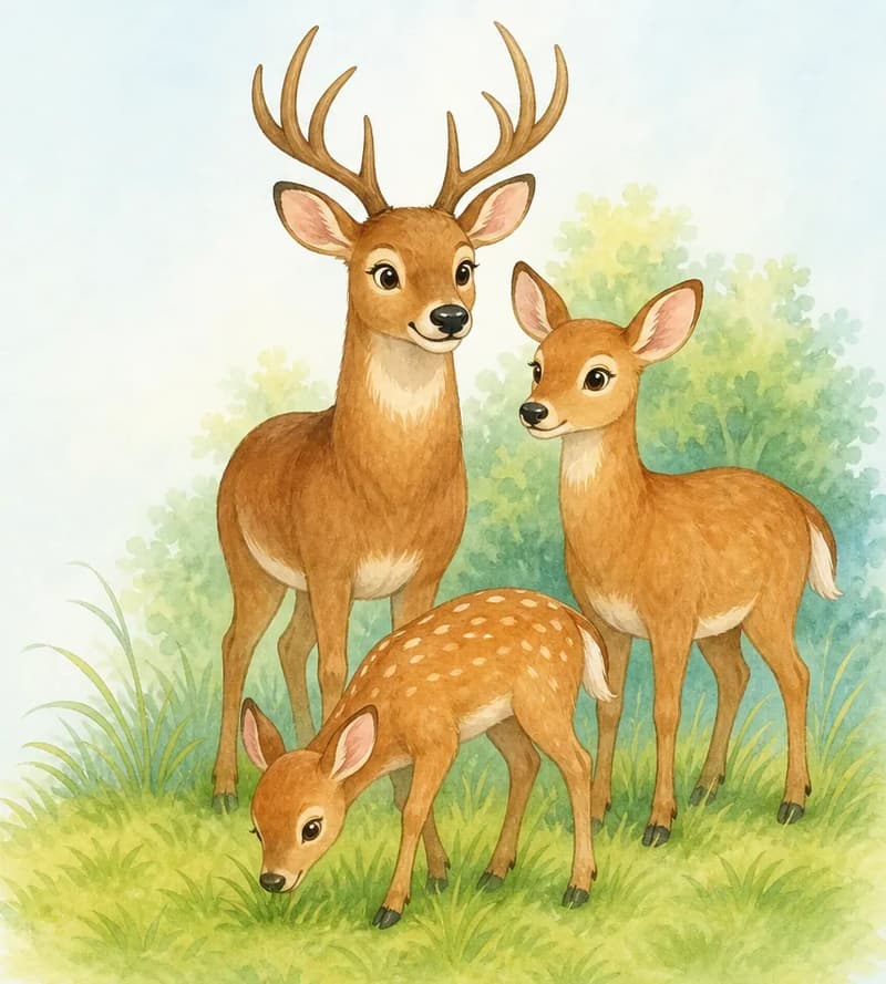A small family group of deer grazing or standing together in soft grass. The male is in the centre with antlers up. Mood: peaceful family group.